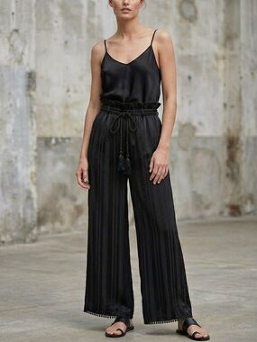 Zara Black Shadow Stripe Wide Leg Pants XS Rope Tie Pompom Trim